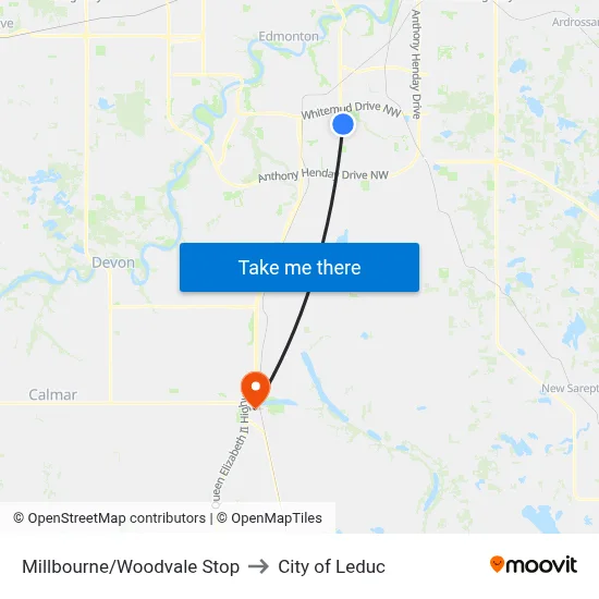 Millbourne/Woodvale Stop to City of Leduc map