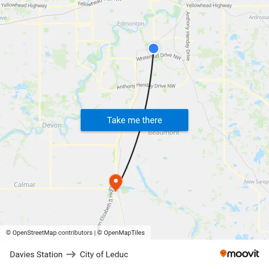 Davies Station to City of Leduc map