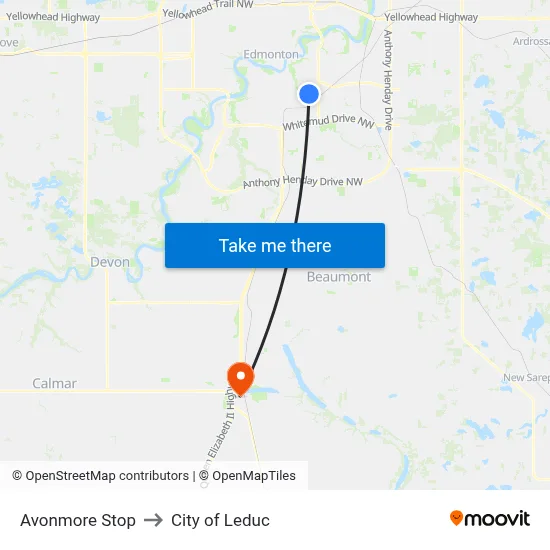 Avonmore Stop to City of Leduc map