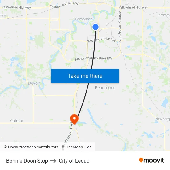 Bonnie Doon Stop to City of Leduc map