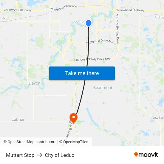 Muttart Stop to City of Leduc map
