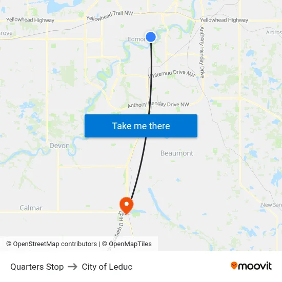 Quarters Stop to City of Leduc map