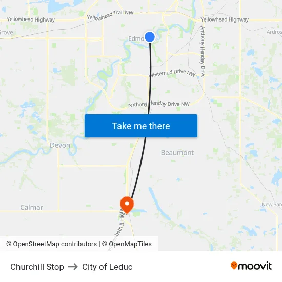 Churchill Stop to City of Leduc map