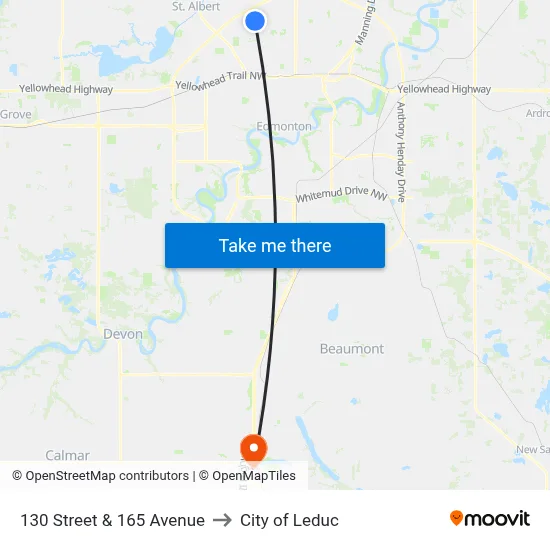 130 Street & 165 Avenue to City of Leduc map