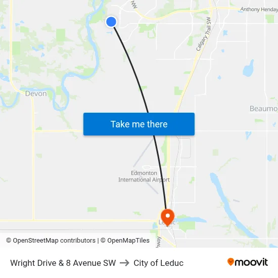 Wright Drive & 8 Avenue SW to City of Leduc map