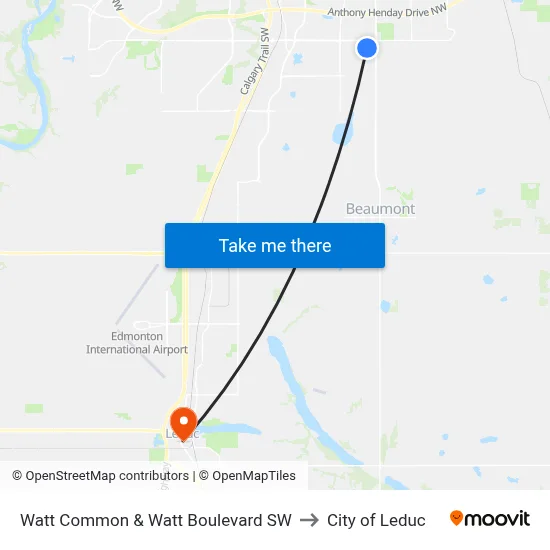 Watt Common & Watt Boulevard SW to City of Leduc map