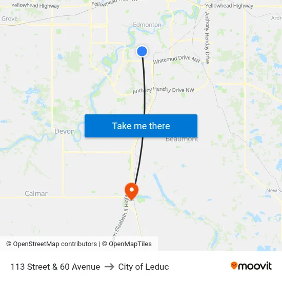 113 Street & 60 Avenue to City of Leduc map