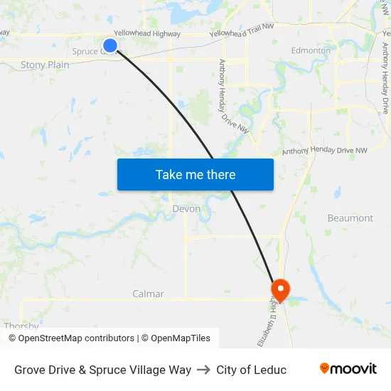 Grove Drive & Spruce Village Way to City of Leduc map