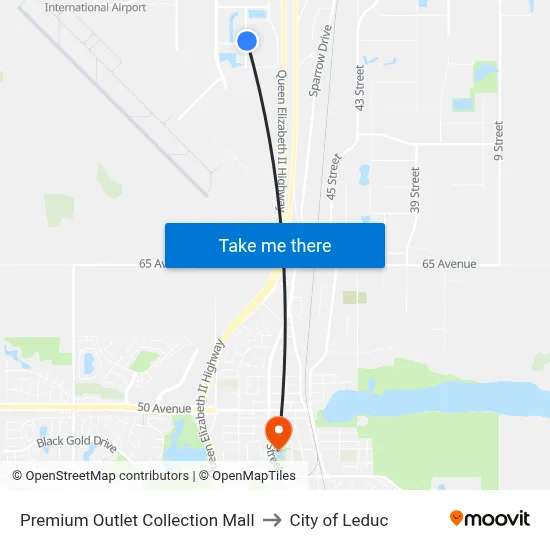 Premium Outlet Collection Mall to City of Leduc map