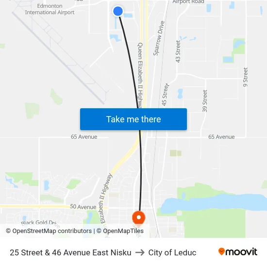 25 Street & 46 Avenue East Nisku to City of Leduc map