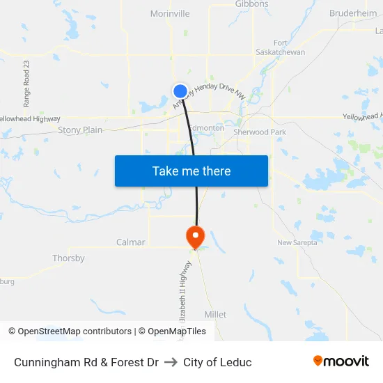 Cunningham Rd & Forest Dr to City of Leduc map
