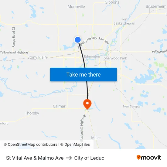 St Vital Ave & Malmo Ave to City of Leduc map