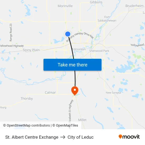 St. Albert Centre Exchange to City of Leduc map
