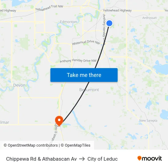 Chippewa Rd & Athabascan Av to City of Leduc map
