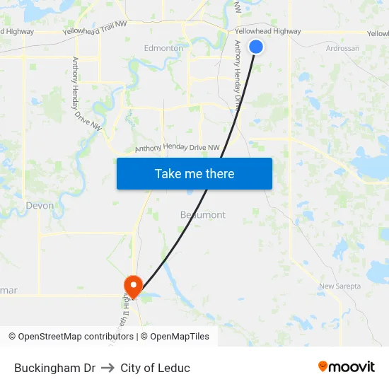 Buckingham Dr to City of Leduc map