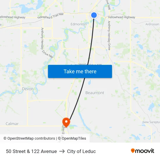 50 Street & 122 Avenue to City of Leduc map