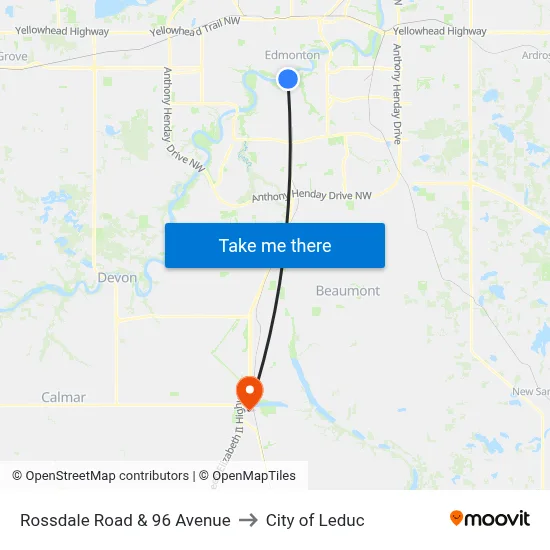 Rossdale Road & 96 Avenue to City of Leduc map