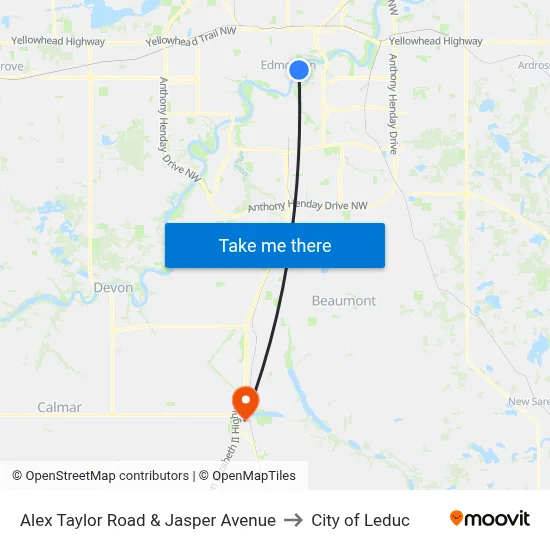 Alex Taylor Road & Jasper Avenue to City of Leduc map