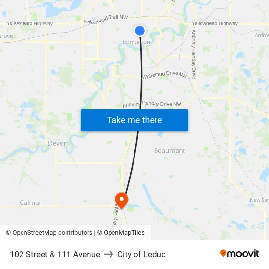 102 Street & 111 Avenue to City of Leduc map