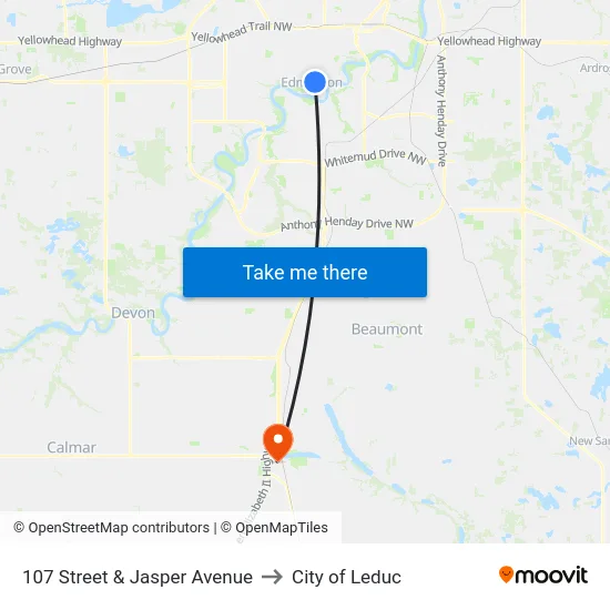 107 Street & Jasper Avenue to City of Leduc map