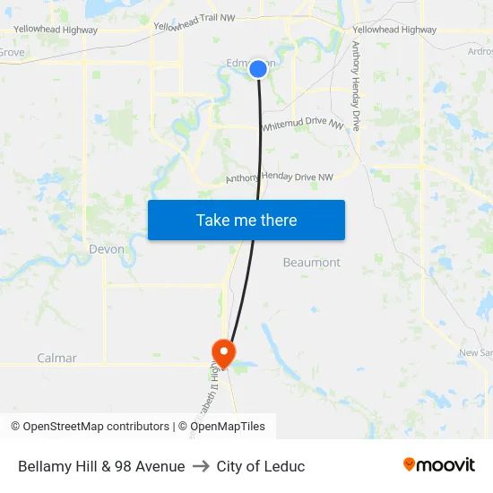 Bellamy Hill & 98 Avenue to City of Leduc map