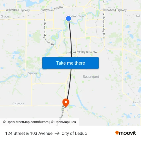 124 Street & 103 Avenue to City of Leduc map