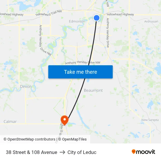 38 Street & 108 Avenue to City of Leduc map