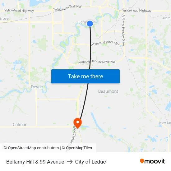 Bellamy Hill & 99 Avenue to City of Leduc map