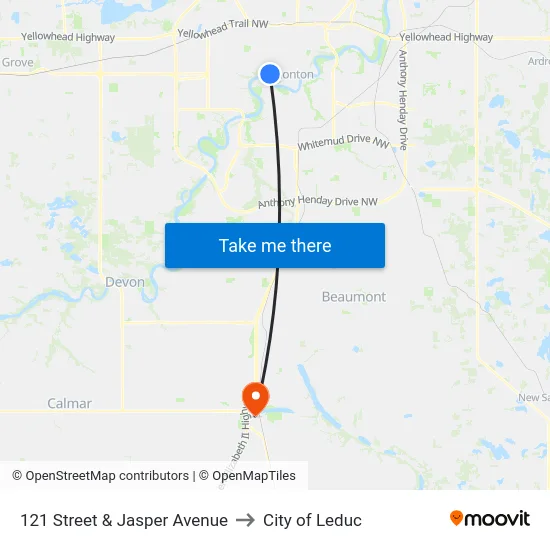 121 Street & Jasper Avenue to City of Leduc map