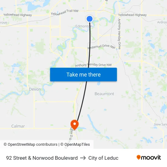 92 Street & Norwood Boulevard to City of Leduc map