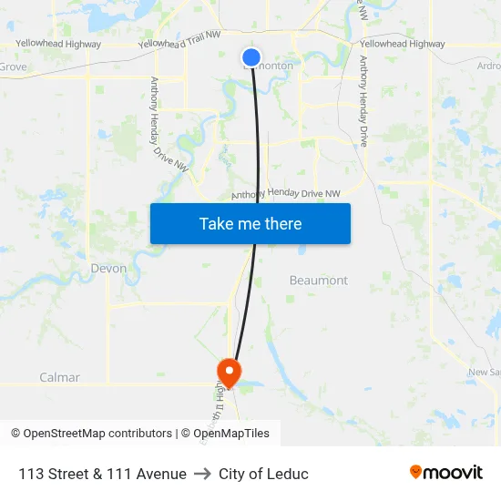 113 Street & 111 Avenue to City of Leduc map