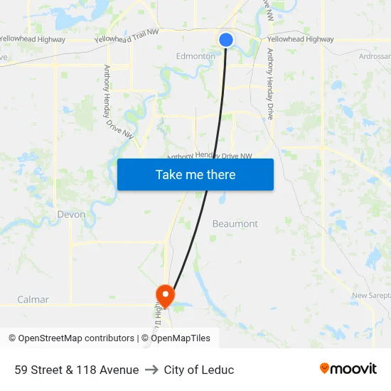 59 Street & 118 Avenue to City of Leduc map