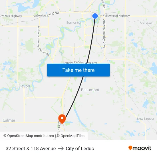 32 Street & 118 Avenue to City of Leduc map