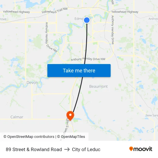 89 Street & Rowland Road to City of Leduc map