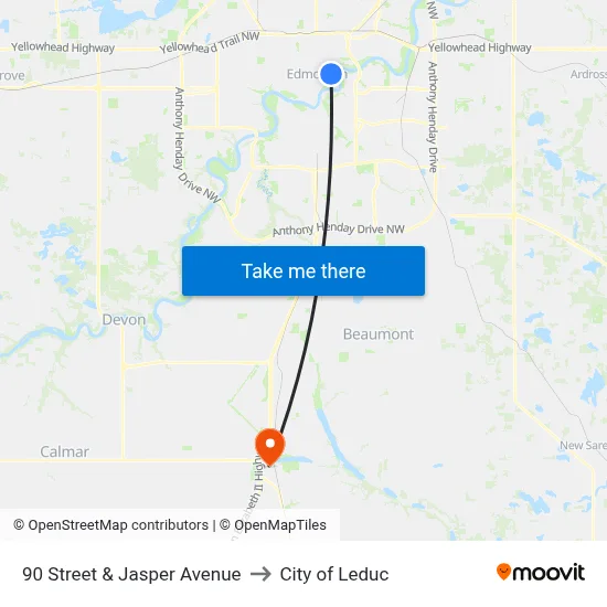 90 Street & Jasper Avenue to City of Leduc map