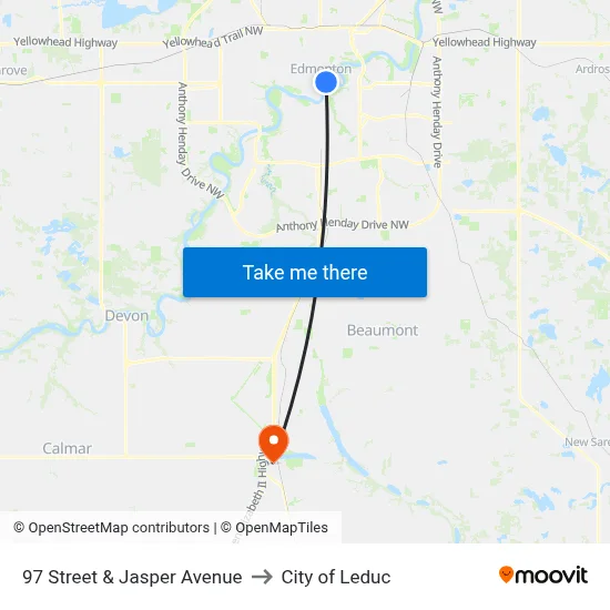 97 Street & Jasper Avenue to City of Leduc map