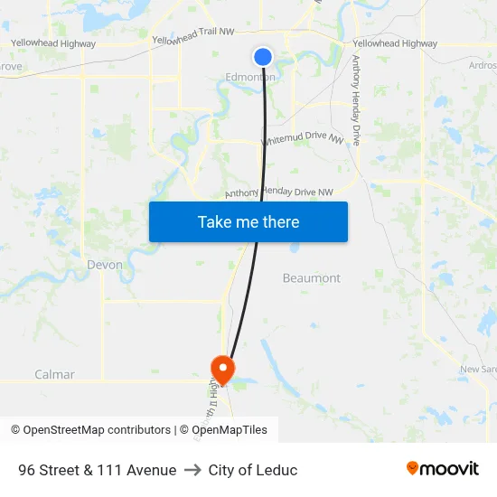 96 Street & 111 Avenue to City of Leduc map