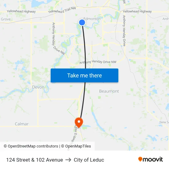 124 Street & 102 Avenue to City of Leduc map