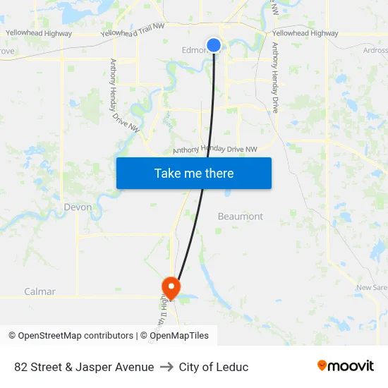 82 Street & Jasper Avenue to City of Leduc map