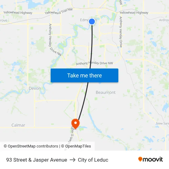 93 Street & Jasper Avenue to City of Leduc map