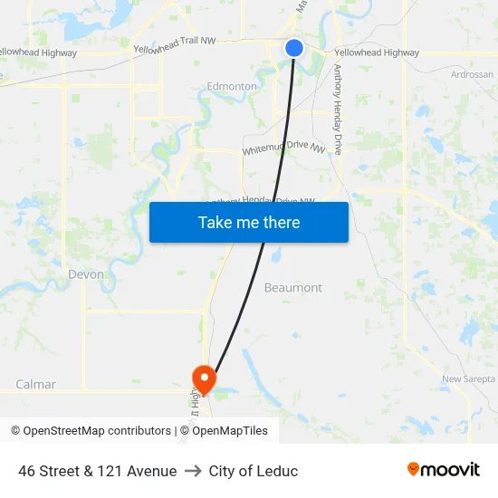 46 Street & 121 Avenue to City of Leduc map