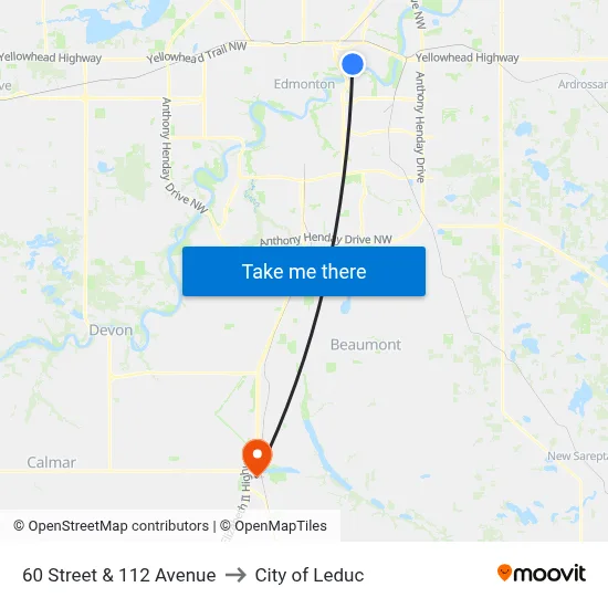 60 Street & 112 Avenue to City of Leduc map