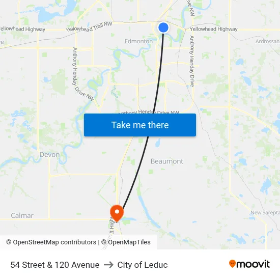 54 Street & 120 Avenue to City of Leduc map