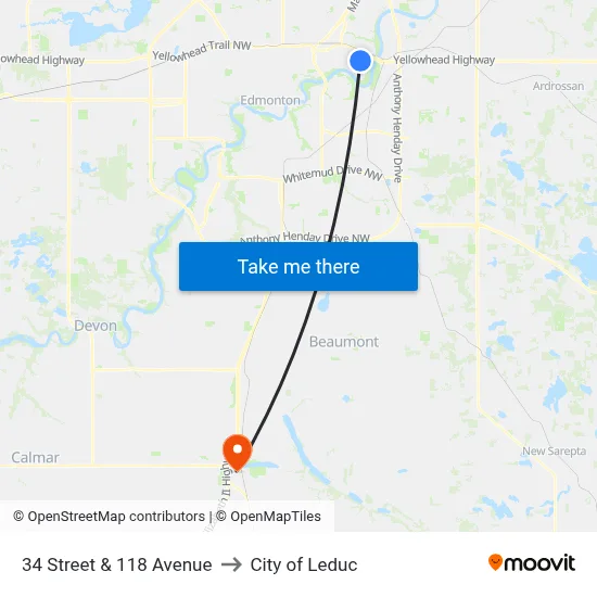 34 Street & 118 Avenue to City of Leduc map