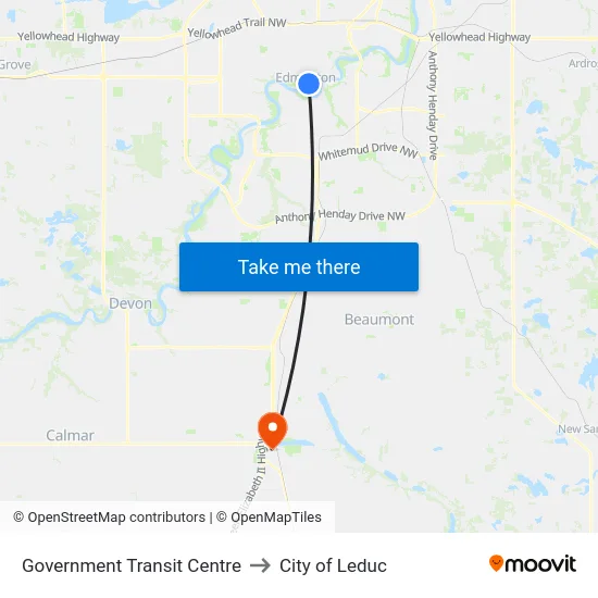 Government Transit Centre to City of Leduc map