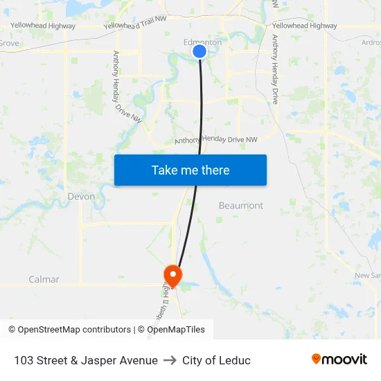 103 Street & Jasper Avenue to City of Leduc map