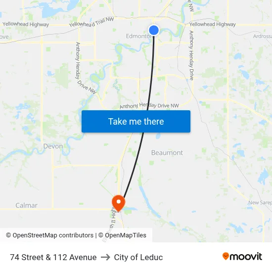 74 Street & 112 Avenue to City of Leduc map