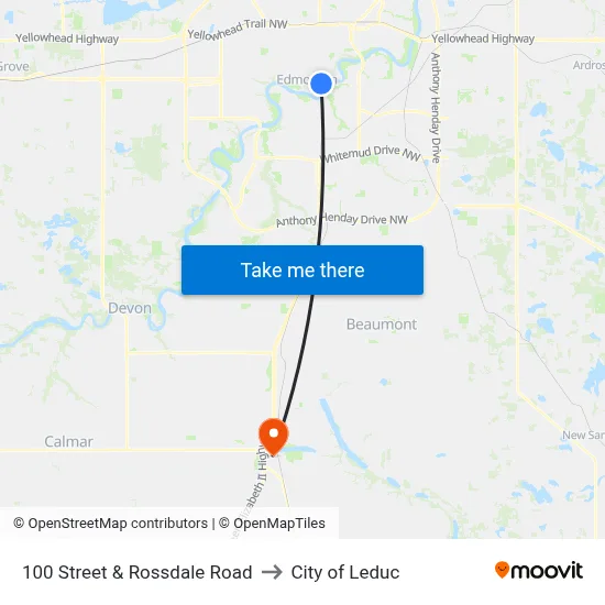100 Street & Rossdale Road to City of Leduc map