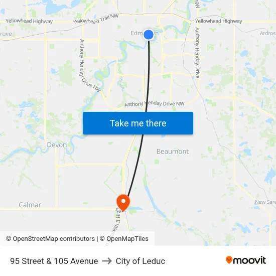 95 Street & 105 Avenue to City of Leduc map