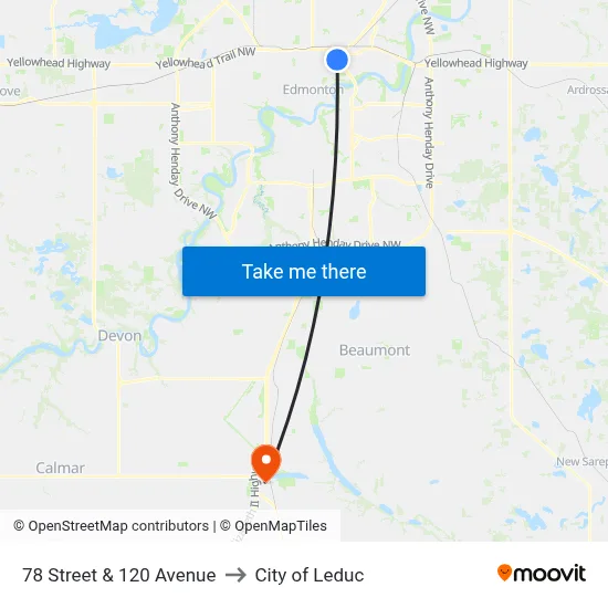 78 Street & 120 Avenue to City of Leduc map